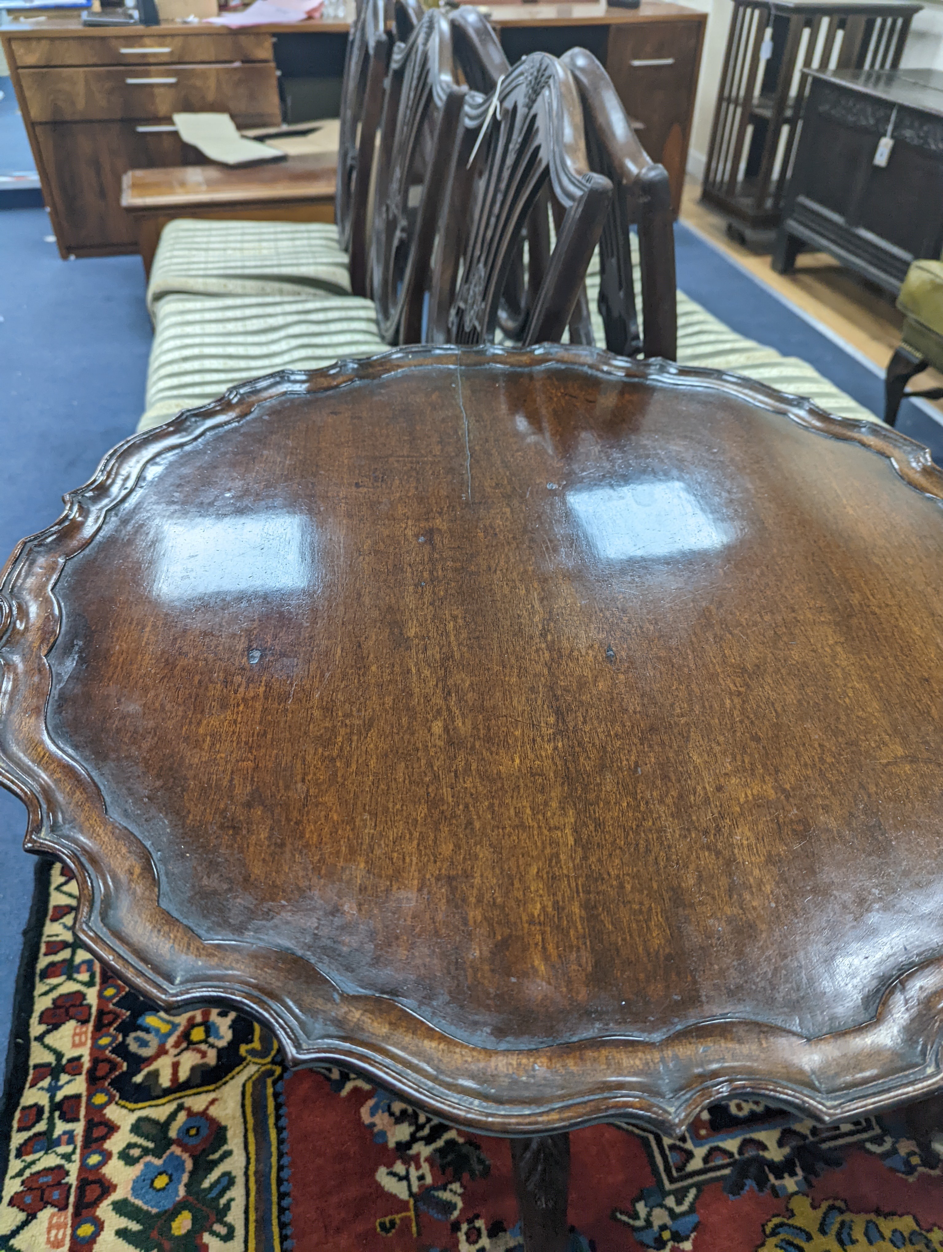 A George III and later circular mahogany tilt top birdcage tea table, diameter 69cm, height 72cm